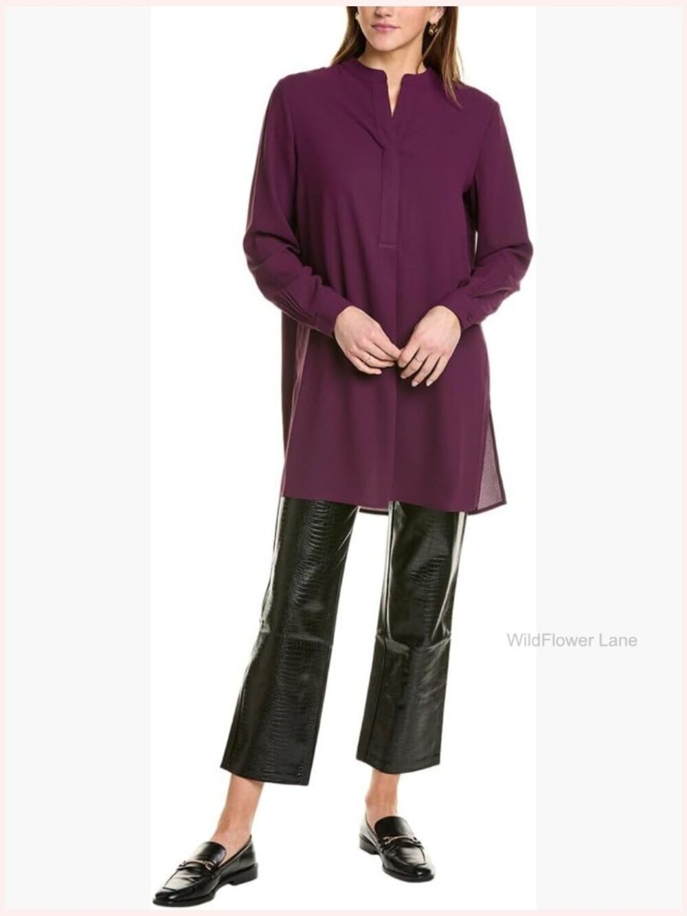 Long Sleeve Popover Blouse with Covered Placket Notch Neck Tunic